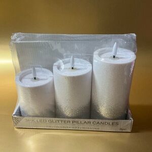 HD LED Glitter Pillar Candles White and Sparkly Silver